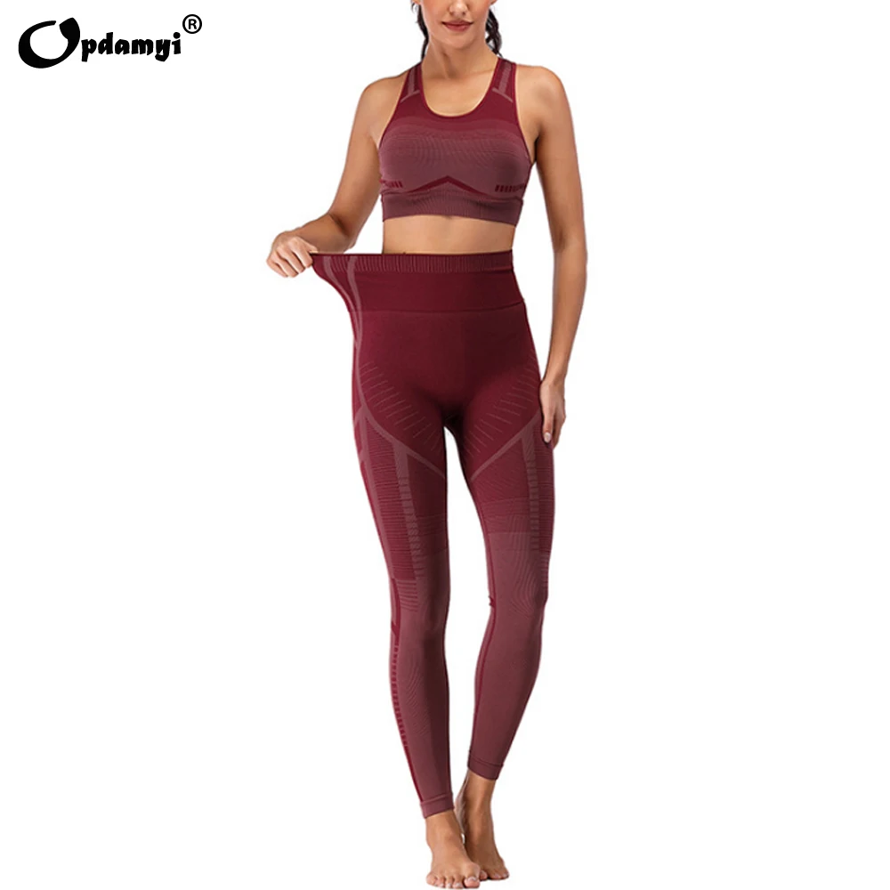 New Women Yoga Set Gym Clothes Color Gradient Back Crossover Sports Bra High Waist Legging Gradient Workout Fitness Pants Suit