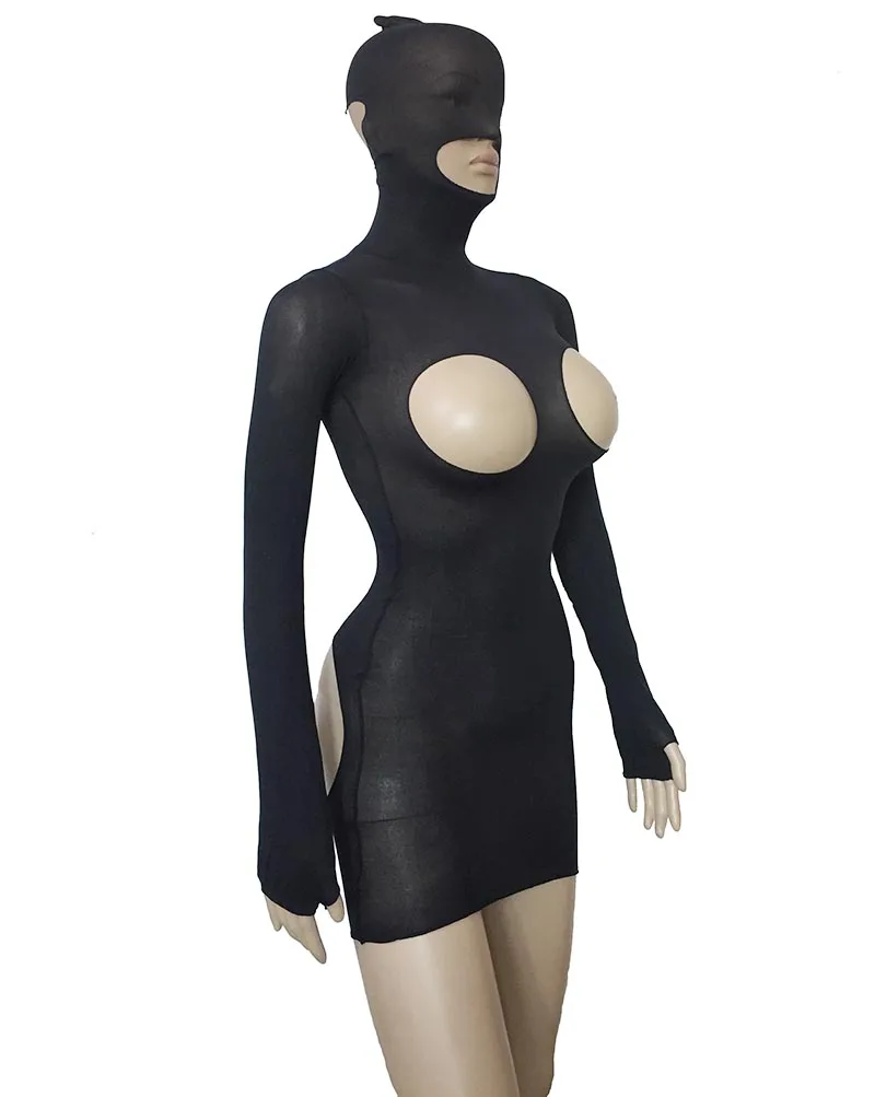 Sexy Women Semi Sheer Cupless Open Butt Micro Mini Dress with Head Enclosure Hood Long Sleeve Bodystockings Bodysuit Lingerie