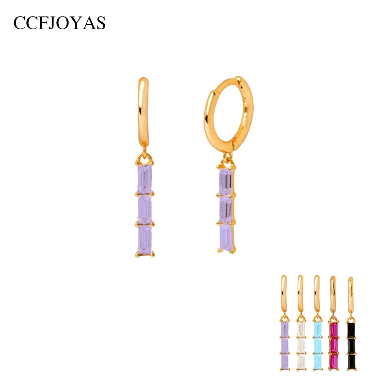 

CCFJOYAS 925 Sterling Silver Multi-color three Rectangular Zircon Small Hoop Earrings Purple/blue/white color earrings 2021
