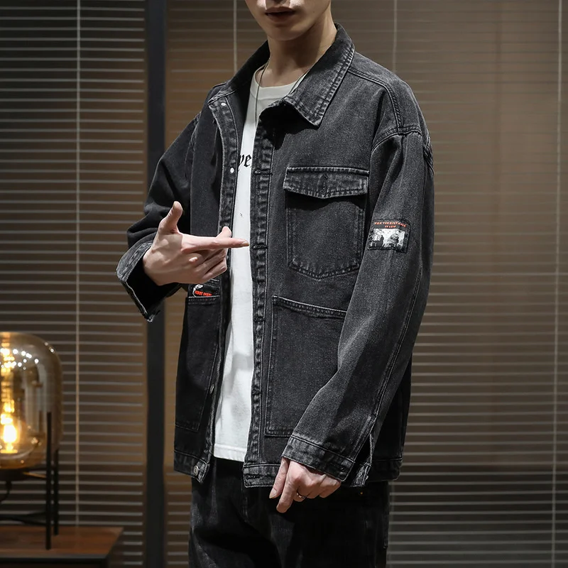 Men's New Tooling Denim Jacket Autumn Simplicity Classic Black Solid Color Loose Fashion Casual High-end All-match Cotton Coat