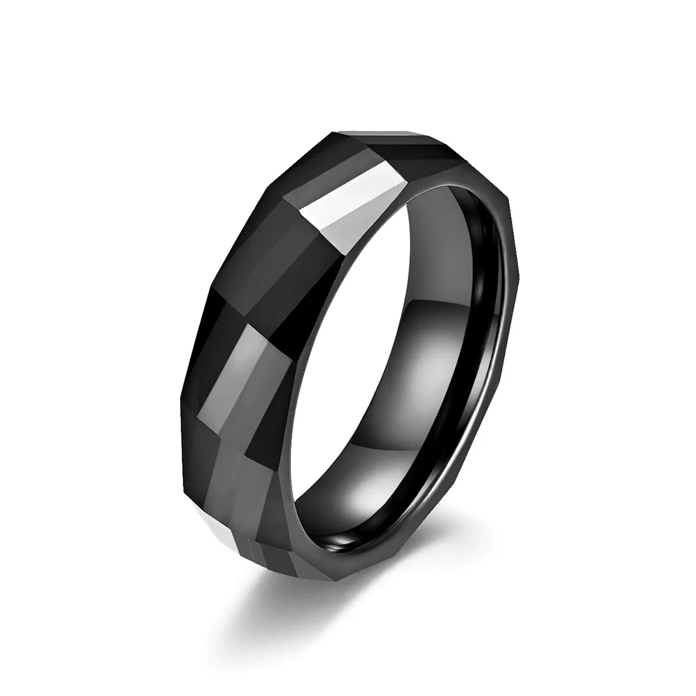 6mm Black Faceted Ceramic Ring Wedding Band for Men Women Size 7-12