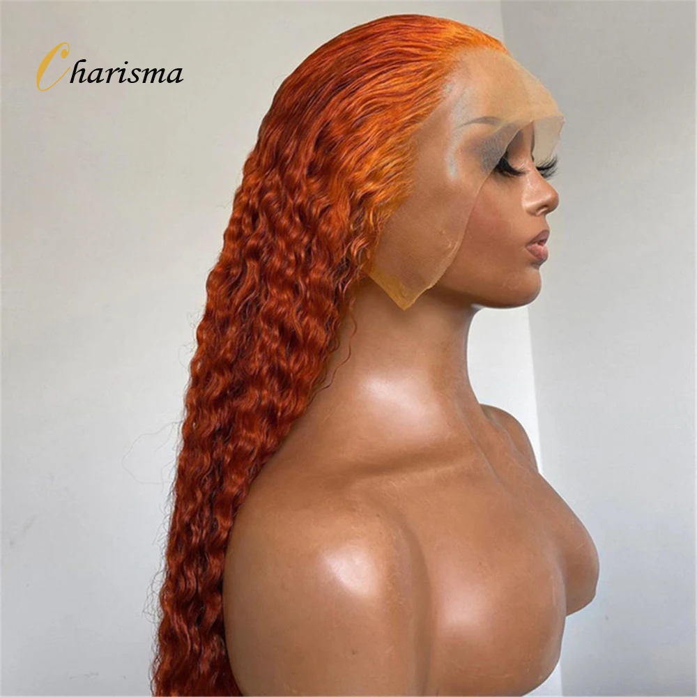 Peruca dianteira de gengibre encaracolado carisma-profundo para mulheres, cabelo sintético, fibra resistente ao calor, pré-arrancada, 26in