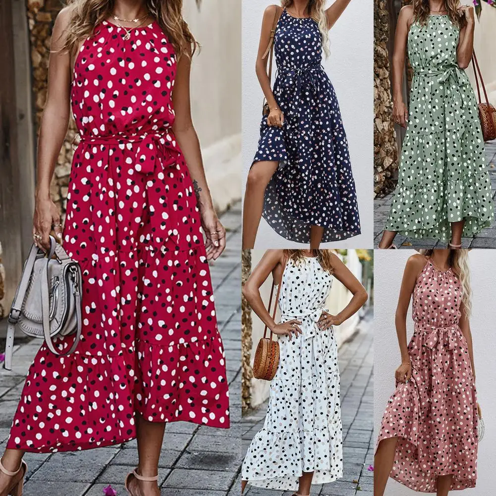 Womens Summer Halter Neck Polka Dot Print Sleeveless Swing Long Dress Belted Pleated Ruffles Hem Holiday Beach Sundress