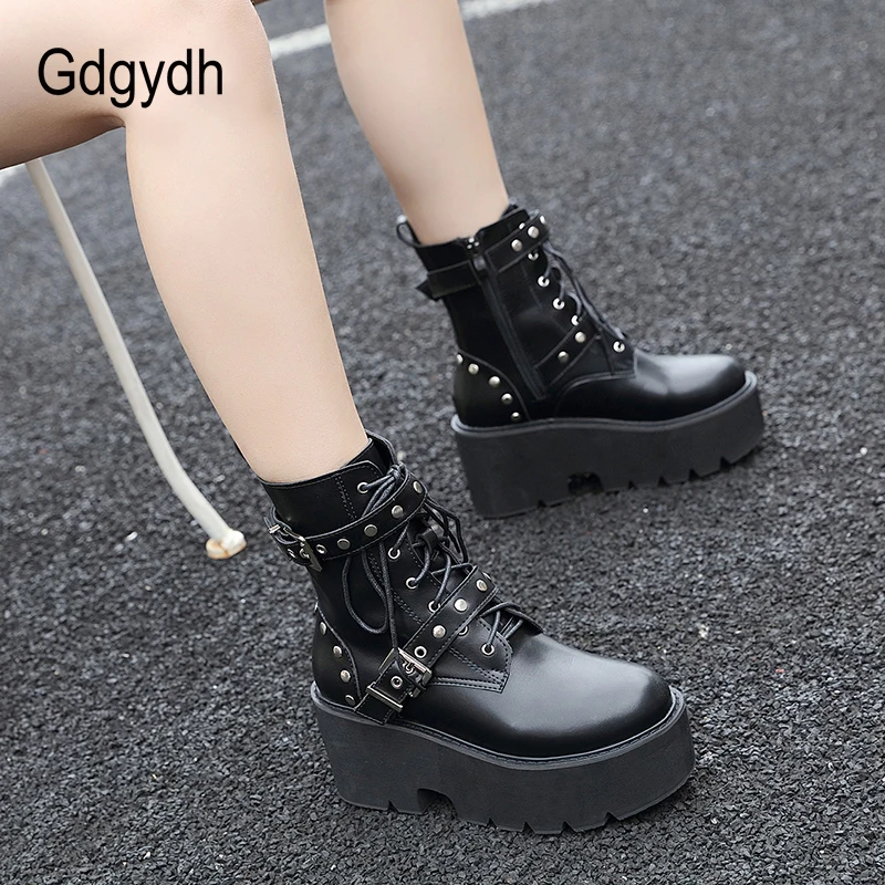 Gdgydh Vintage Rivet Fall Heeled Boots Women Platform Ankle Boots Buckle Decor Black Chunky Wedge Gothic Nightclub Party Shoes