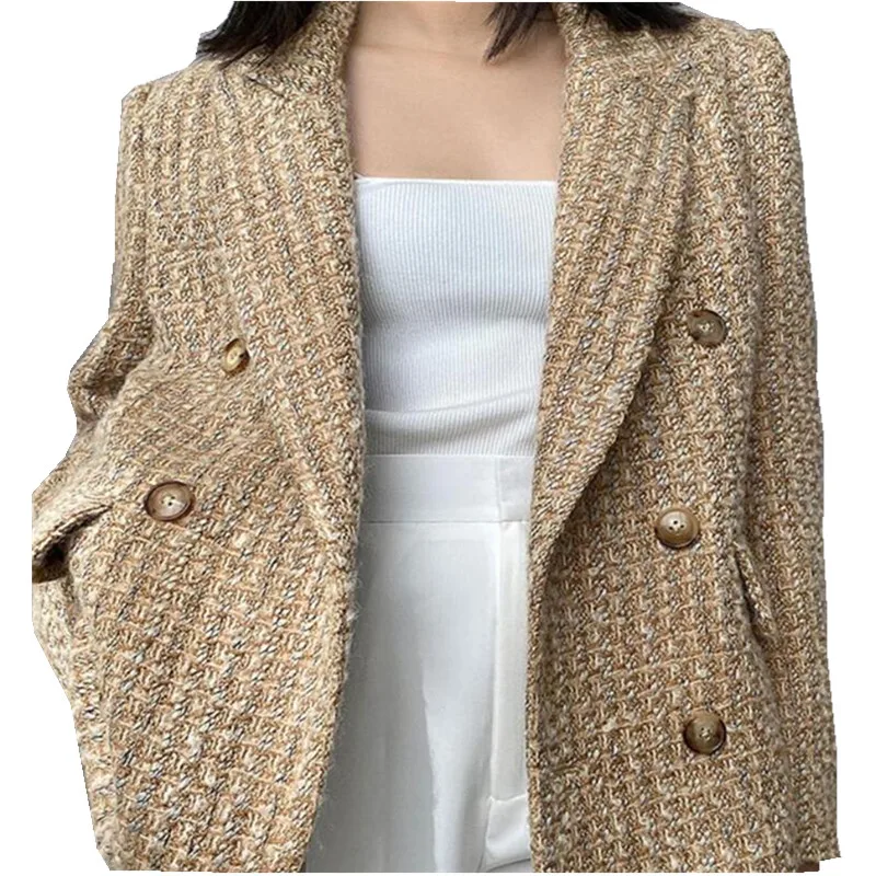 

Fashion Tweed Blazer Jacket Women Autumn Winter Small Fragrant Wind Double Breasted Slim Suit Jacket Outwear s295