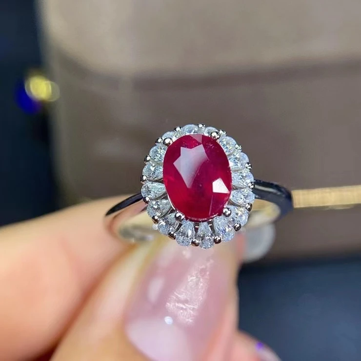 Fine Jewelry S925 Sterling Silver Inlaid Natural Ruby Ring Support Test 6x8mm Size Gemstone Noble Character Good Gift  Sale
