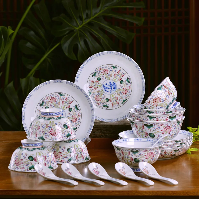 Jingdezhen Ceramic tableware set Chinese family bone china tableware Plate Bowl Spoon Set housewarming wedding gift