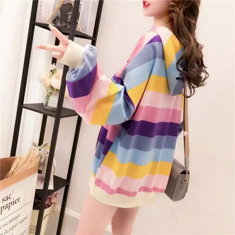 Womens Hoodies Rainbow Striped Long-sleeved T-shirt Spring Autumn New Loose Thin Casual Oversized Hooded Sweatshirt Women Tops