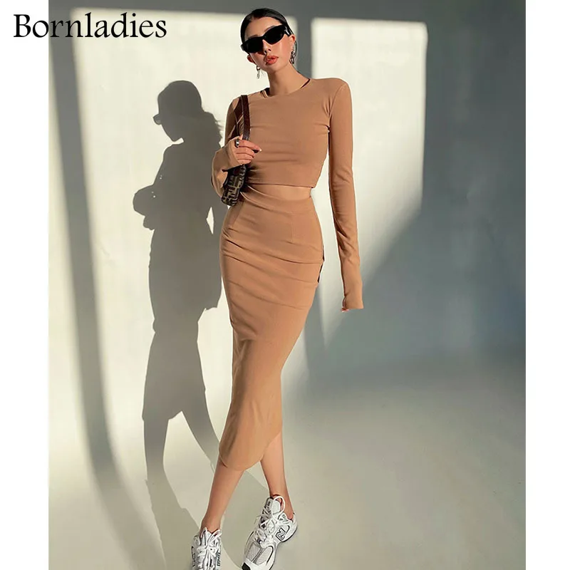 Bornladies 2022 Women Slim Tracksuits Short T Shirt & Elastic Waist Length Skirts Sets Female Sexy Skinny 2 Pieces Sets