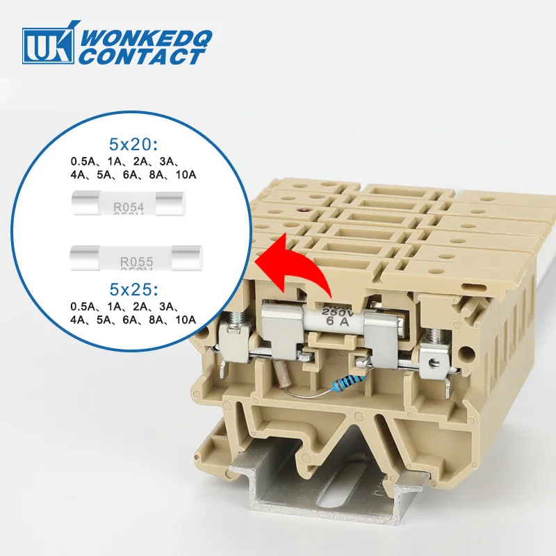 100Pcs 5x25 5x20 mm Fuse Fast-Blow Glass Tube 0.5A 1A 2A 3A 4A 5A 6A 8A 10A Din Rail Terminal Block Mini Test Fuse 5*25 5*20