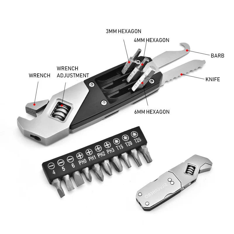 Mini Multi-Function Adjustable Wrench Portable Screwdriver 13 Bits Knife Stainless Steel Outdoor Home DIY Hand Tools