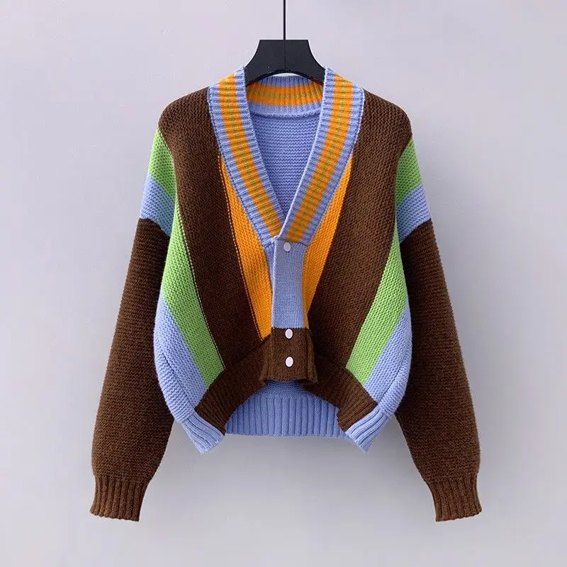 

Coarse Stitch Short Color Matching Sweater Cardigan Jacket Female 2021 Spring New Product Korean Loose Top Pullover