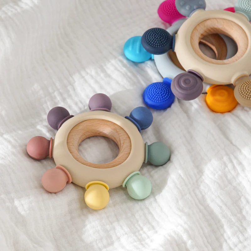 Baby Hand-Held Toys Baby Wooden Ring Teether Molar Toys Particle Feel Food-Grade Silicone Material BPA Free Customizable logo