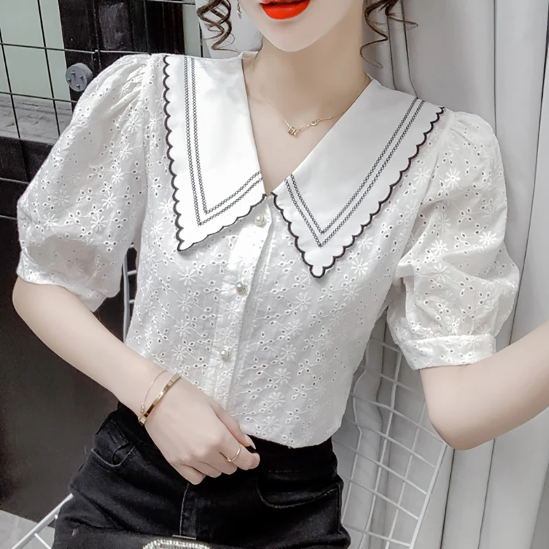 Peter Pan Collar White Shirt Thin Summer 2022 Hollow Out Puff Sleeve Short Women Blouse Button Open Stitch Woman Tops Clothes