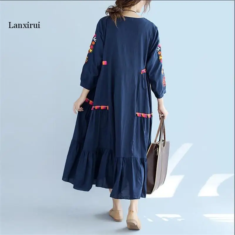 Bohemia Vintage Floral Embroidered cotton linen long Dress Women Autumn Boho Party Dresses Lantern Sleeve Casual  Vestidos