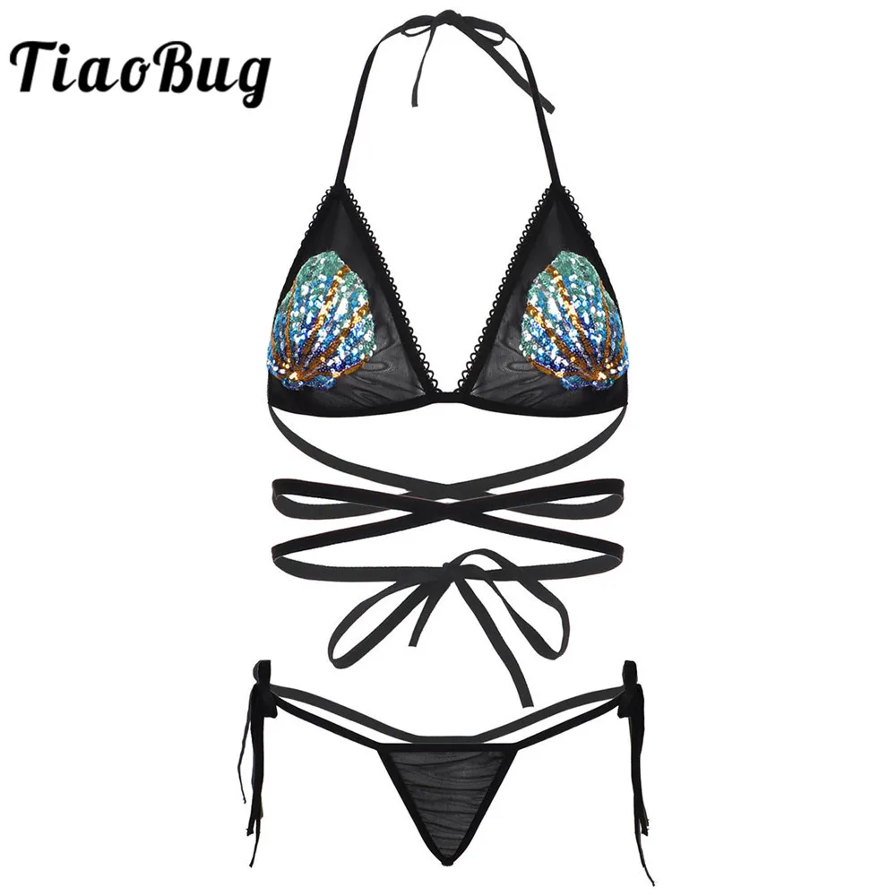 Vrouwen Sexy Bikini Set Mermaid Sheer Mesh Lingerie Halter Shiny Pailletten Schelpen Tie-Op Bra Top Met G-string ondergoed Beachwear