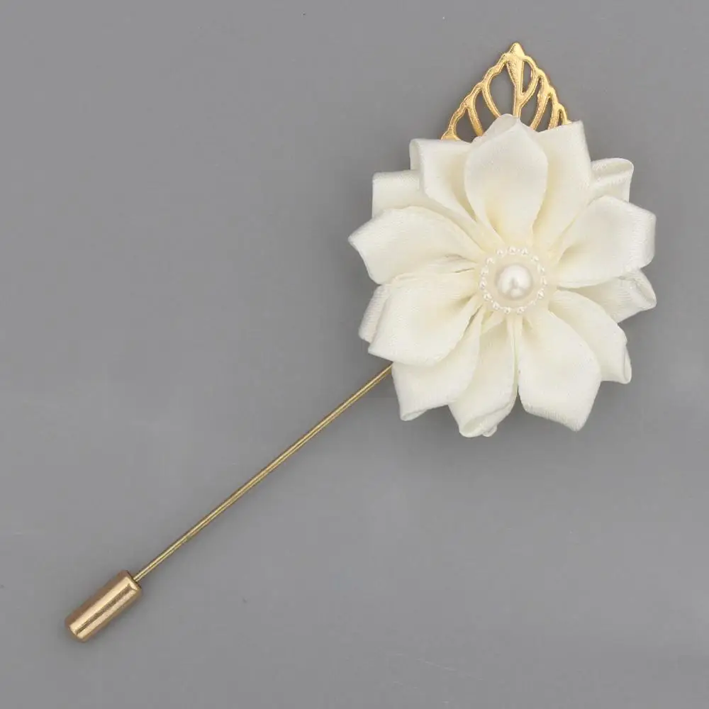 Romantic Ivory Satin Silk Rose Ceremony Flower Man Lapel Pin Corsage Groom Boutonniere Brooch For Wedding Prom Decoration XH889P