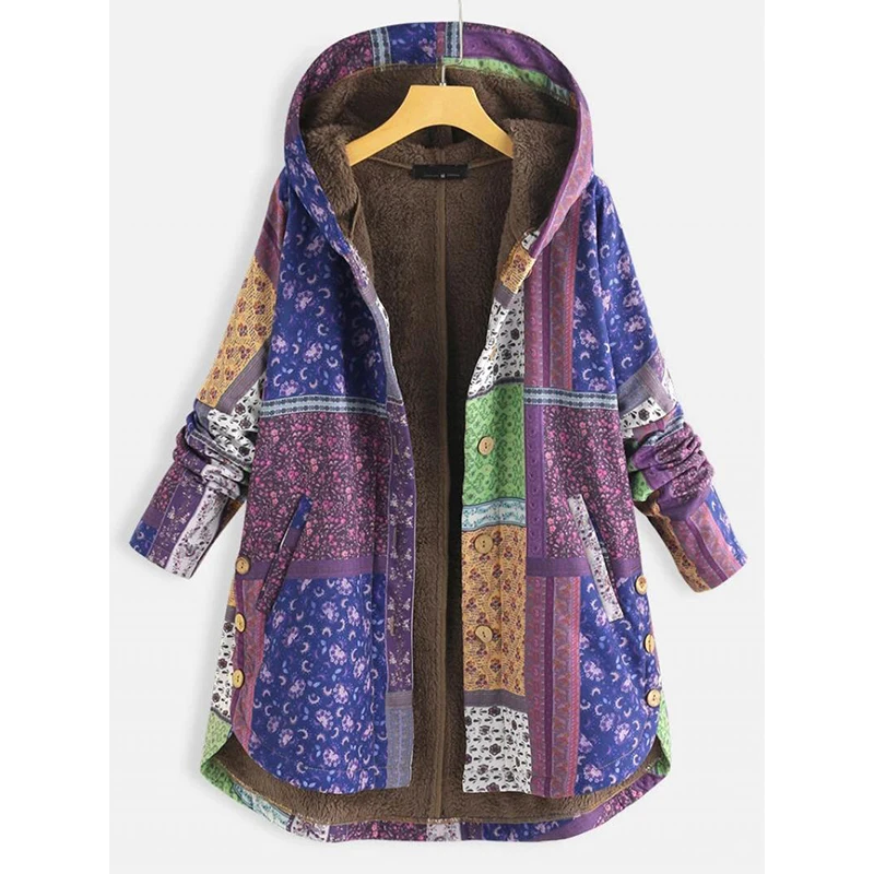 

Women Jacket Hooded with Pocket Long Sleeve Button Parka Coat Winter Women's Jacket Vintage Print Casual Warm Coat Plush Fleece