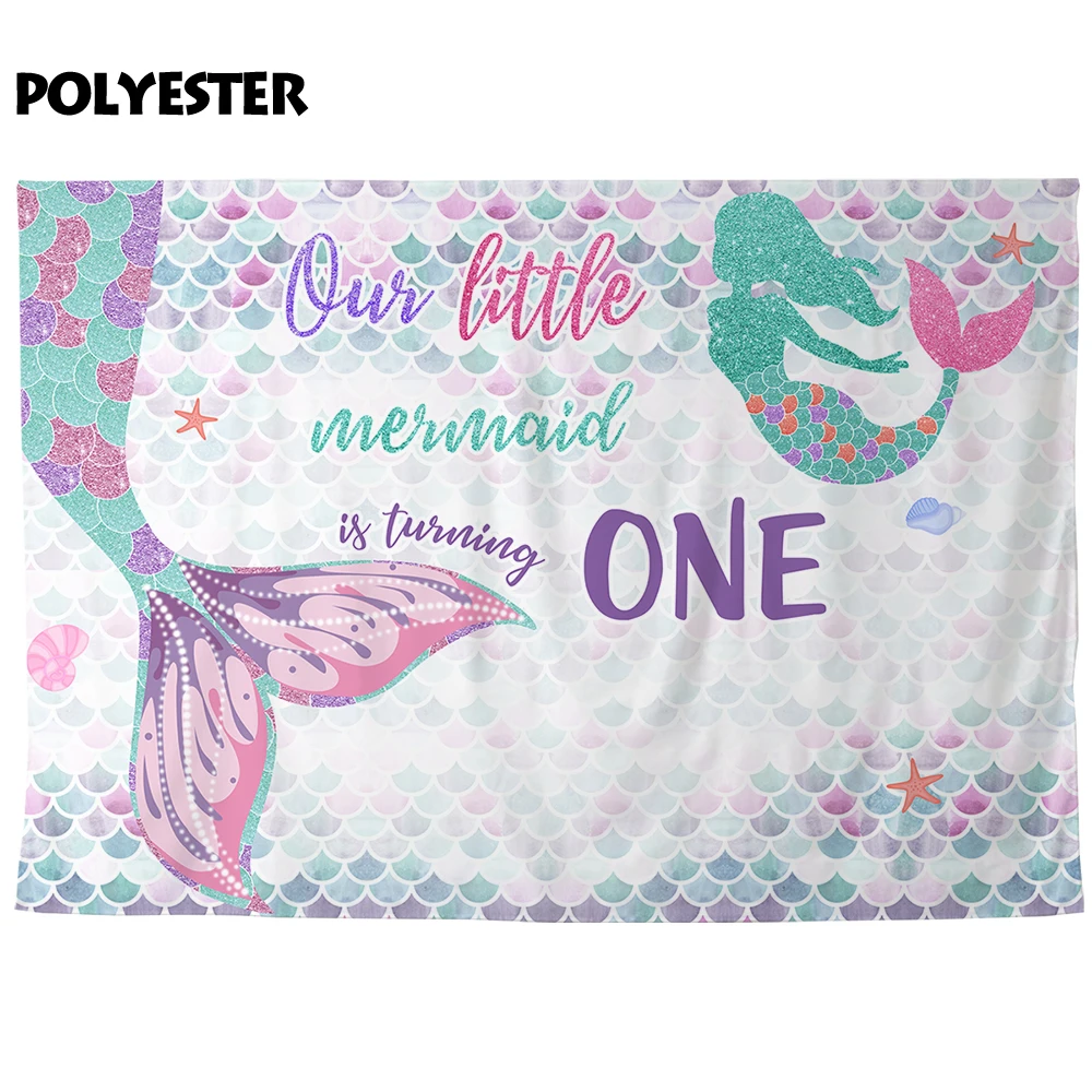 Allenjoy – arrière-plan en vinyle pour photographie de 1er anniversaire, queue de sirène, paillettes, étoile de mer, fête, studio photo