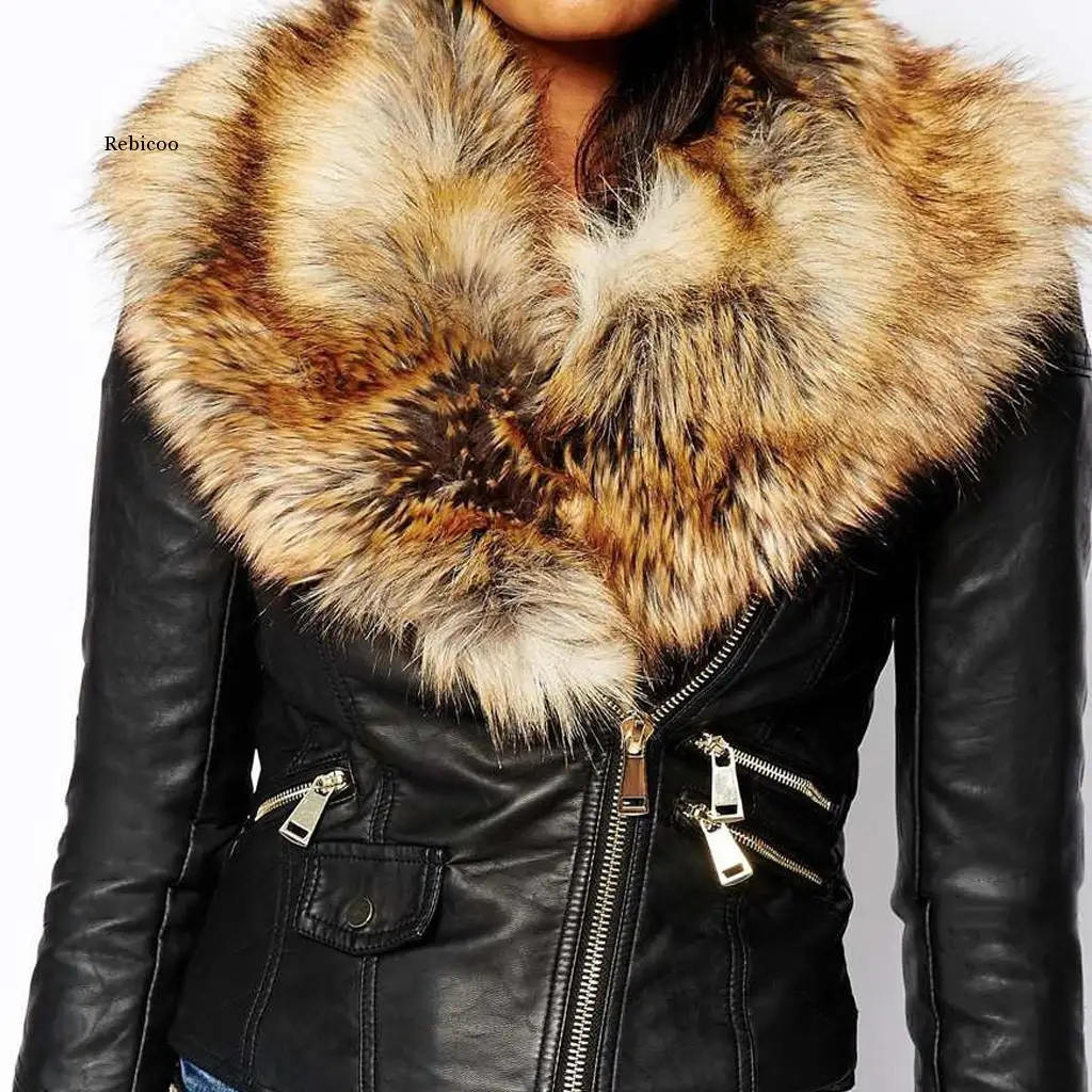 Winter Fur Neck Jacket Long Sleeve Elegant Slim Women Leather Jacket Female Clothing  Coat