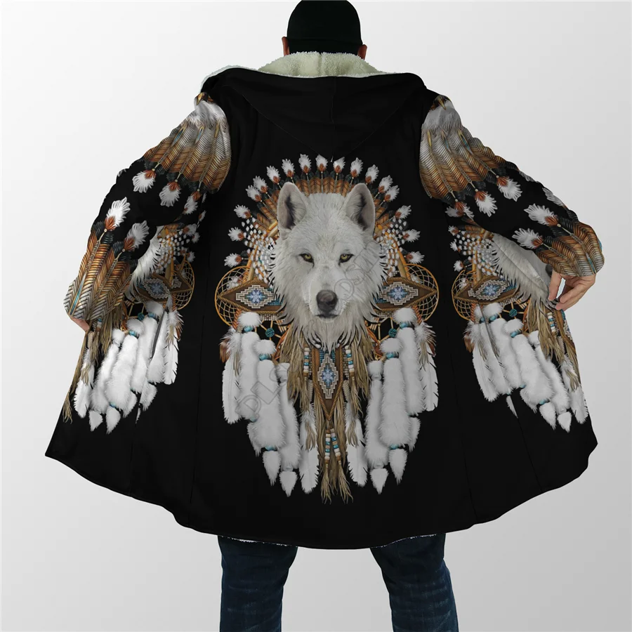 Winter Mannen Voor Vrouwen Capuchon Mantel Inheemse Wolf 3d Overal Geprinte Fleece Windbreker Warme Capuchon Mantel