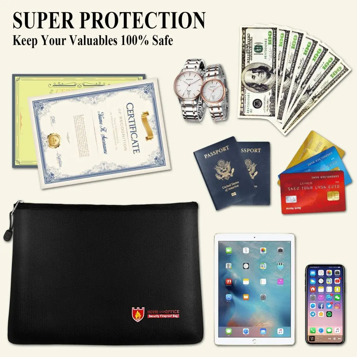 Fireproof Document Bag Safe Storage Pouch with Zipper Case Waterproof Money Bags File Envelope Holder for Home Office Business