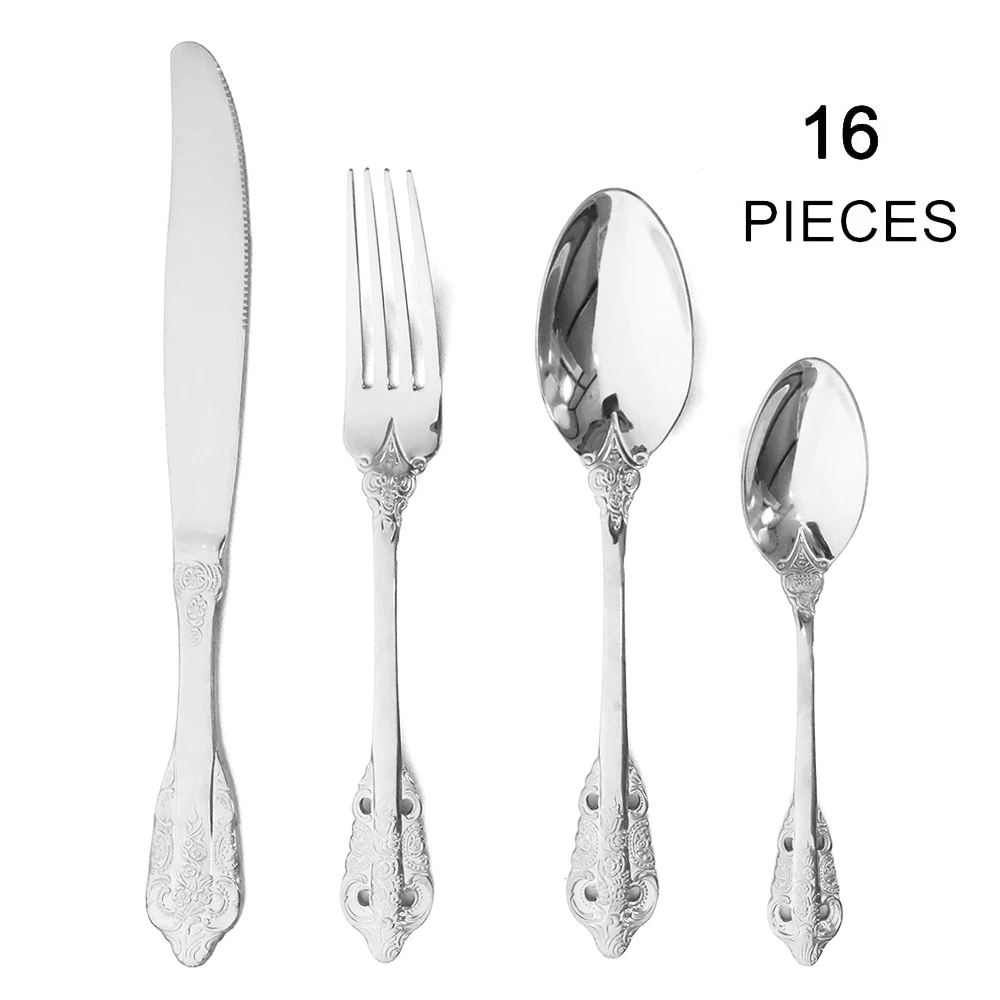 

16Pcs Silverware Set 304 Stainless Steel Dinnerware Set Cutlery Set Western Luxury Vintage Dining Knife Fork Spoon Tableware Set