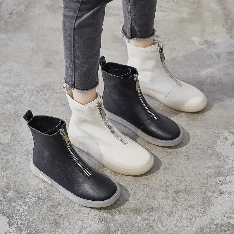 Genuine Leather Flat Shoes With Hanging Up To The Ankle Boots Women Autumn Spring 2023 Fashion Zipper Sport Female Casual Sneake