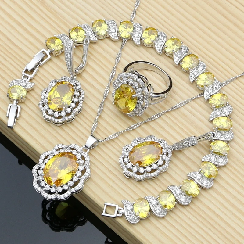 

2019 Fashion 925 Sterling Silver Jewelry Sets Yellow Cubic zirconia Stones Earring Rings Bracelet Decoration For Women Gift