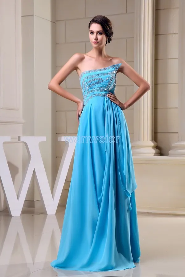 Gratis Verzending Nieuwe Ontwerp Kwaliteit Formele Gown Custom Blue Chiffon Crystal Lange Avondjurk 2016 A-lijn Kralen Prom Gown