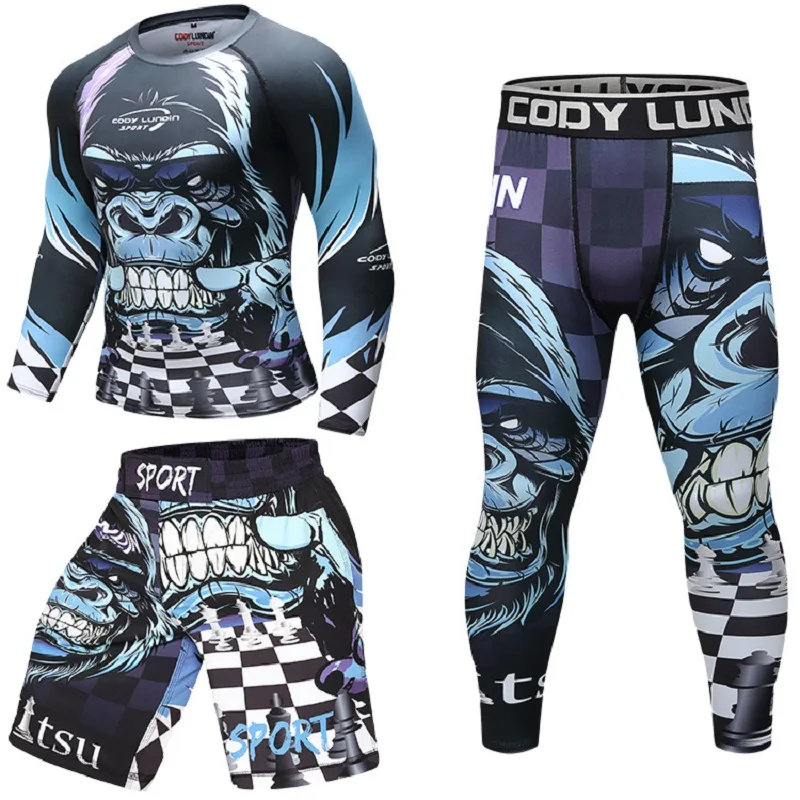 Cody Set Fight Grappling MMA Shorts Long Pants  + Wrestling Blouses 3Pcs Men Sports Equipment Rushguard Male Rashguard Men\'s Set