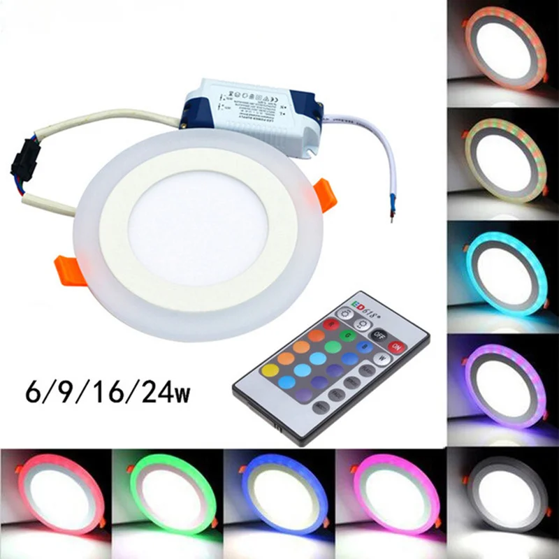 Okrągłe/kwadratowe ściemnianie RGB LED typu Downlight + pilot 6w/9w/16w/24W wpuszczane LED oświetlenie panelowe sufitowe AC85-265V + sterownik