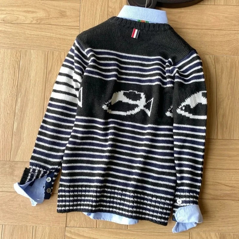 Pullover Mens Wool Sweater 2022 Autumn Winter Thicken Harajuku Knitted Top O Neck Loose Fit Long Sleeve Casual Striped Sweaters