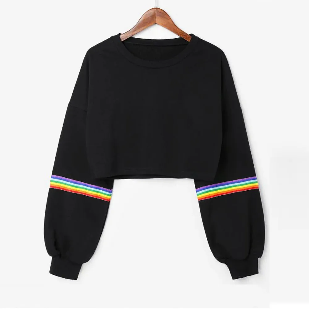 Rainbow Striped Patchwork Hoodie Fashion Girls Autumn Long Sleeve O Neck Crop Top Sweatshirts Hip Hop Pullover Blouse In Stock