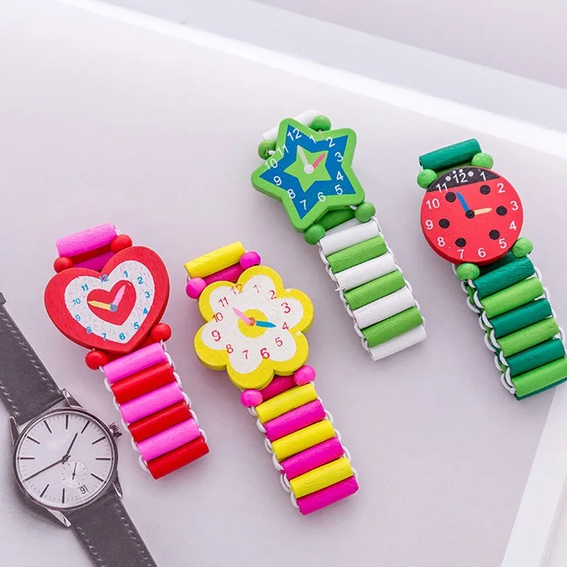 Pulseras de madera de colores para niños y niñas, reloj elástico, pulsera de juguete, regalo de cumpleaños, joyería al por mayor