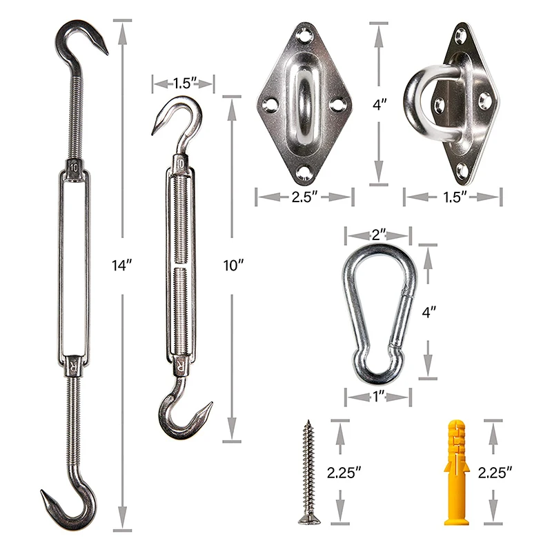 10 Inch Hardware Kit 44 PC for Square/Rectangle Sun Shade Sail Canopy Installation Complete Set with Cable Wire