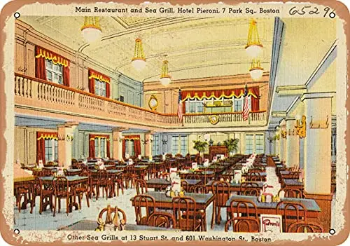 Metal Sign - Massachusetts Postcard - Main Restaurant and Sea Grill, Hotel Pieroni, 7 Park Sq, Boston. Othe - Vintage Rusty Loo