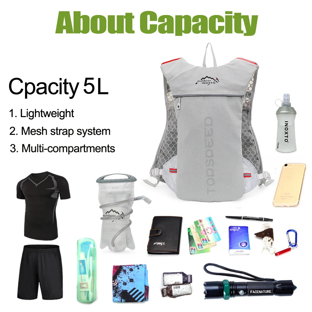 Trail Running-mochila ultraligera de 5L, chaleco de hidratación para correr, Maratón, bicicleta,Botella de agua 250ml 500ml