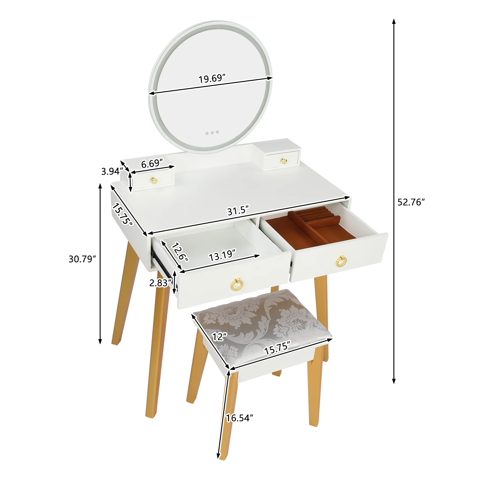 Bedroom Light Luxury Real Wood Dressing Table Simple Makeup Table With 4 Drawer & Lamp 3 Color Adjustable[US-Stock]