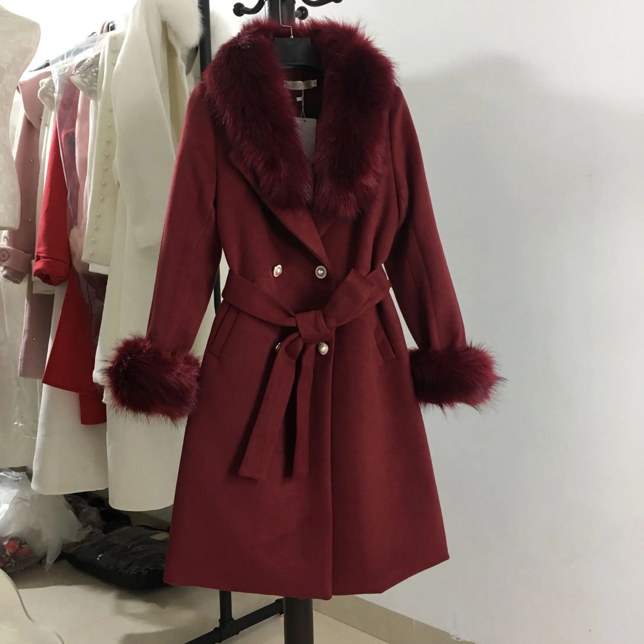 

Fur collar cashmere coat women wine slim winter double breasted thick belted long overcoat