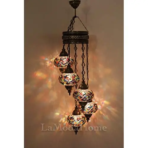 

LaModaHome 40 + Unique Colors, 2020 Customizable Chandelier 5 Globes + Free 5 Bulbs, stunning Mosaic Turkish Lamp Moroccan Light