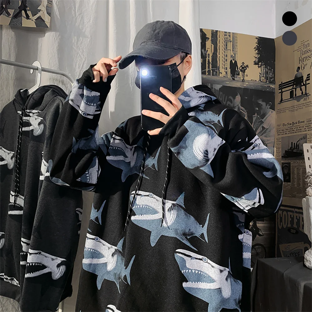 

Autumn Men Hoodie Suit Fashion Print Casual Men Autumn Sharks Print Long Sleeve Drawstring Hoodie Plush Thick Sweatshirt Boys