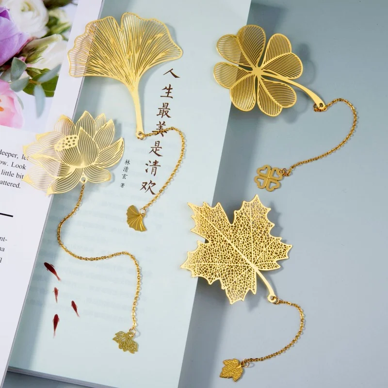 Exquisite Hollow Metal Bookmark Tassel Pendant Chinese Style Four Leaf Clover Ginkgo Vein Book Clip Student Stationery Gift