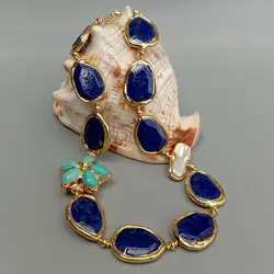 KKGEM White Biwa Pearl With Electroplated Edge Faceted Blue Lapis Lazuli Chunk Turquoise Flower  choker Necklace