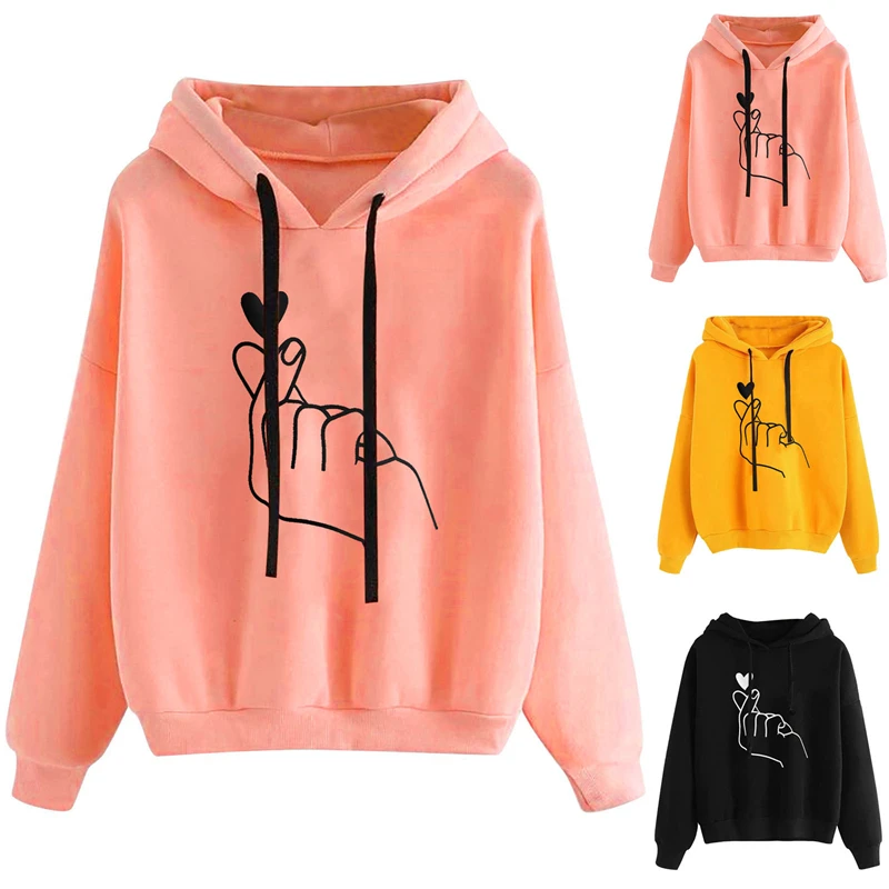 

Women Sweatshirt Hoody Finger Heart Love Gesture Printed Casual Pullovers Girls Long Sleeve Spring Autumn Winter Sweatshirts