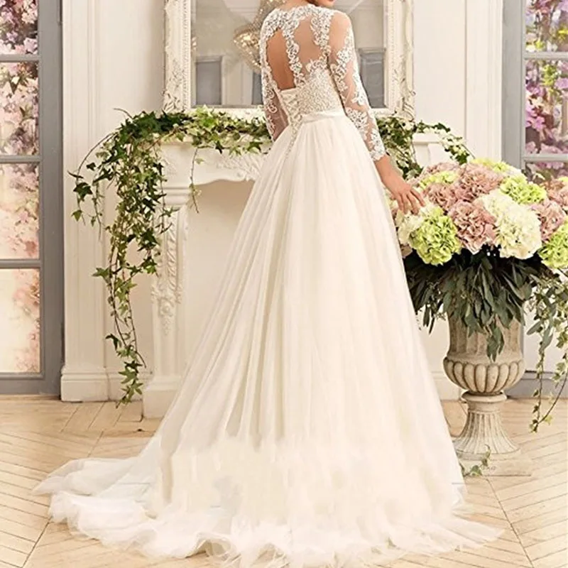 Wedding Dresses Bride Sweet Elegant Long Sleeve Lace Applique Sexy Open Back Embroidery Simple Retro Wedding Dresses