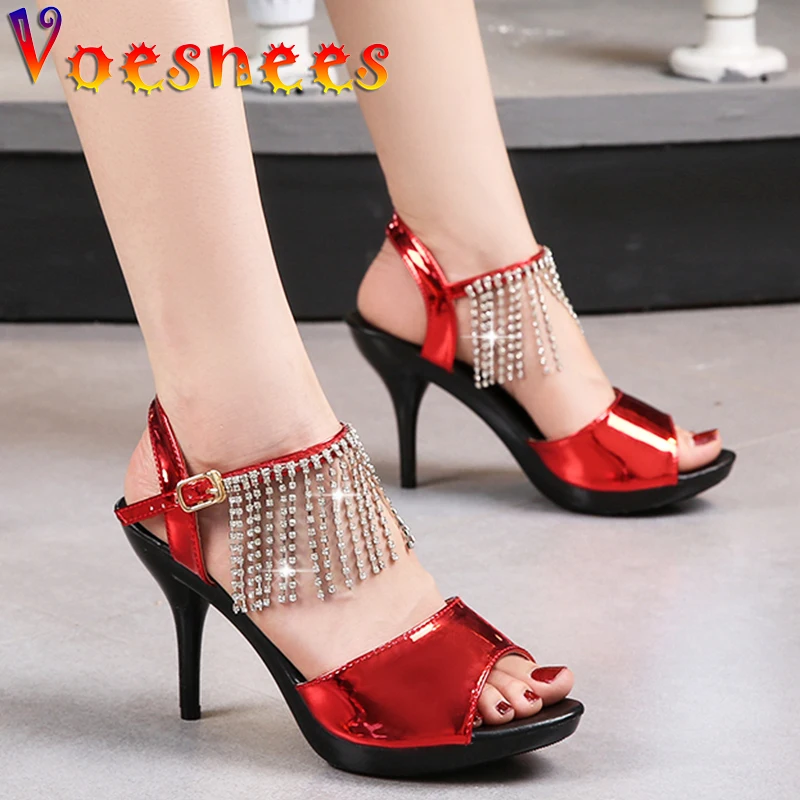 Summer New Korean Style Fringe Sandals Buckle Strap Patent Leather Thin High Heels Platform Peep Toe Sexy Nightclub Women Shoes