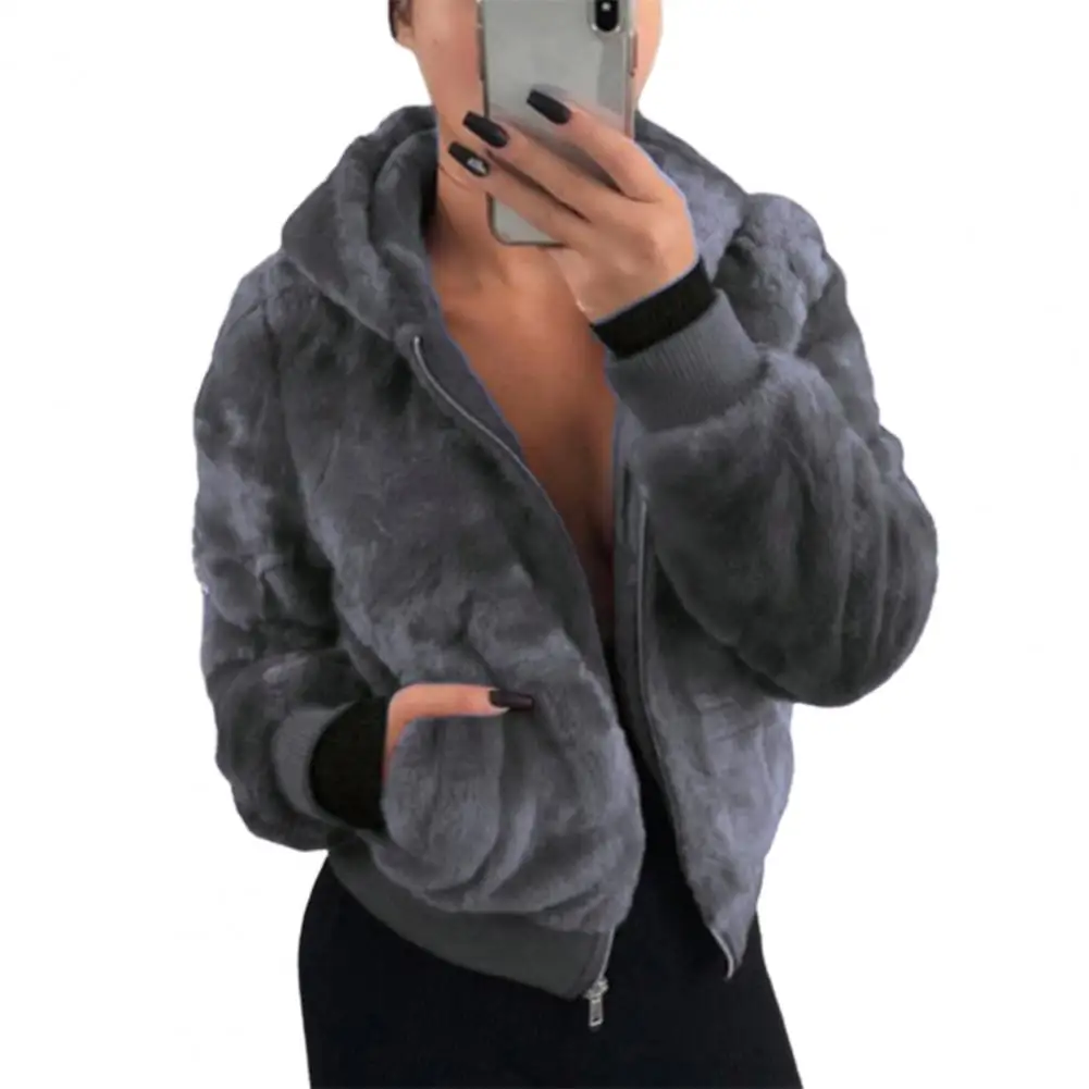 Plush Jacket Zipper Closure Thickened Elastic Cuff Women Hoodie With Pocket Outwear casacos de inverno feminino jaqueta feminina