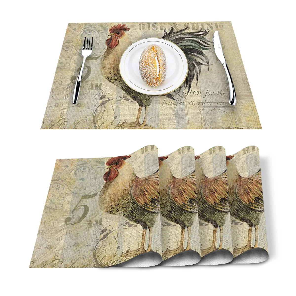 4/6pcs Set Table Mats Rooster On Retro Background Printed Table Napkin Kitchen Accessories Home Party Decorative Placemats