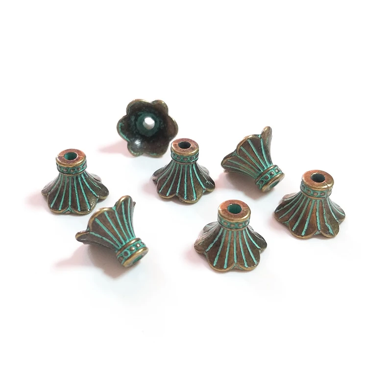 20pcs/bag 13mm Retro Patina Plated Zinc Alloy Green Flower Spacer Bead End Caps For DIY Jewelry Accessories